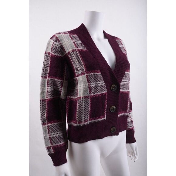 Mother Womens Slim Low Plaid Cardigan Sweater Sz M Purple Cropped Alpaca NWT - Picture 2 of 6